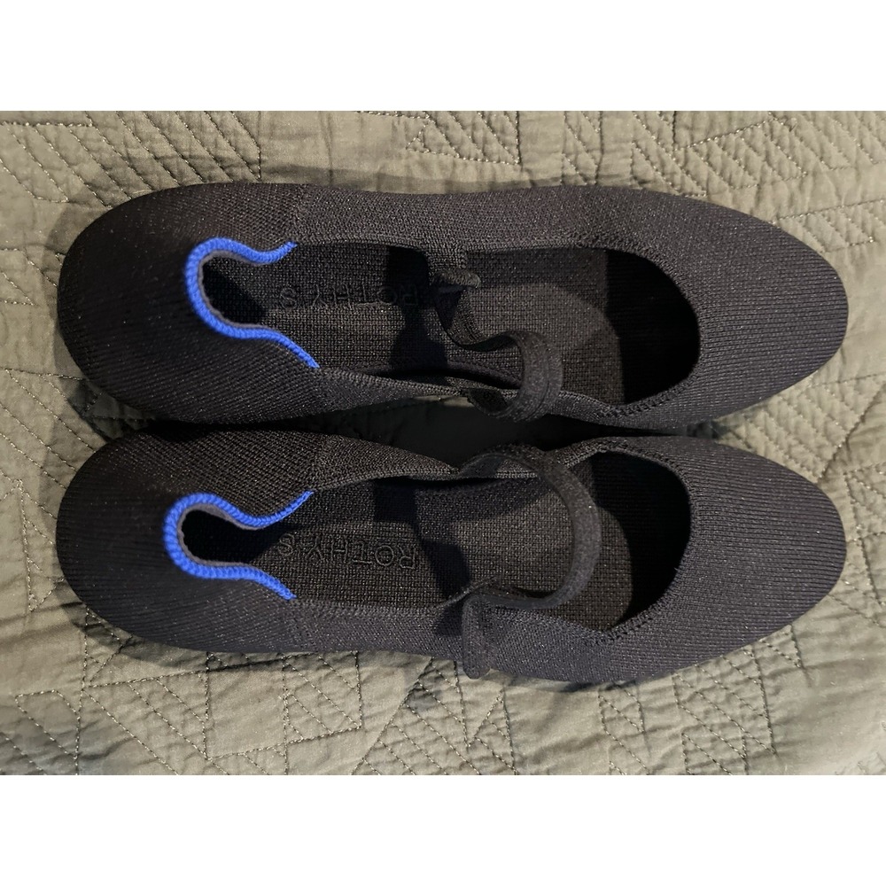Rothy's Black Knit Mary Jane Flats with Blue Trim